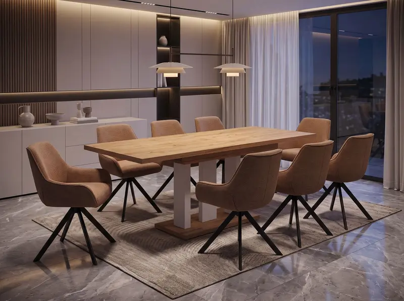 Essgruppe Appia White - Eiche Natur mit 8 Stühlen in Chenille Orange für 8 Personen