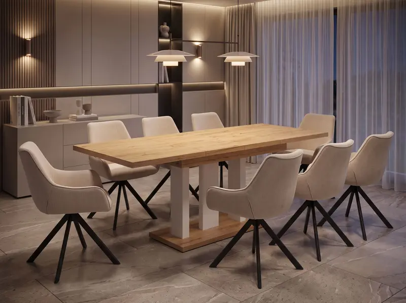 Essgruppe Appia White - Eiche Natur mit 8 Stühlen in Leinen Beige für 8 Personen