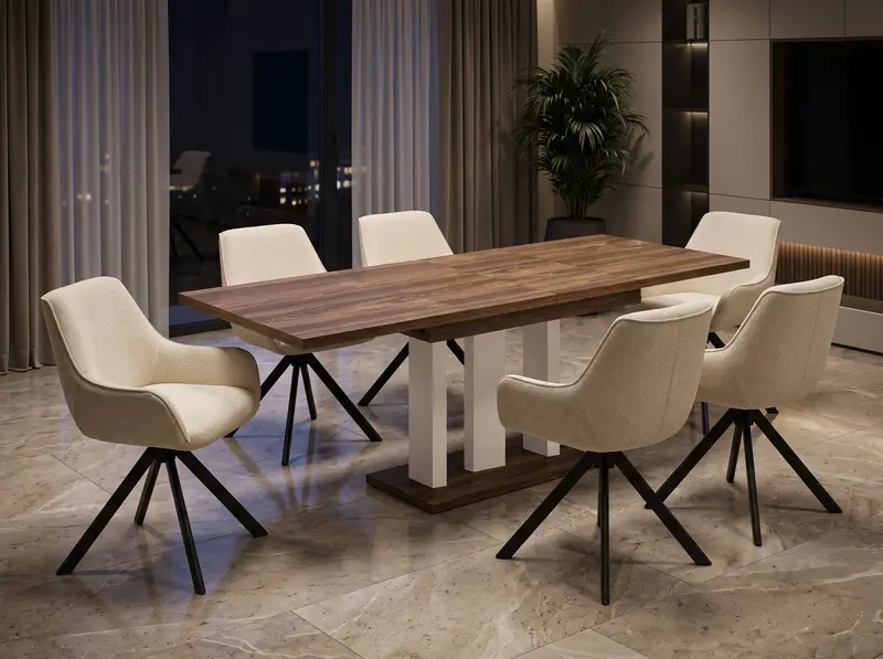 Essgruppe Appia White - Eiche Stirling mit 6 Stühlen in Chenille Cremeweiß für 6 Personen