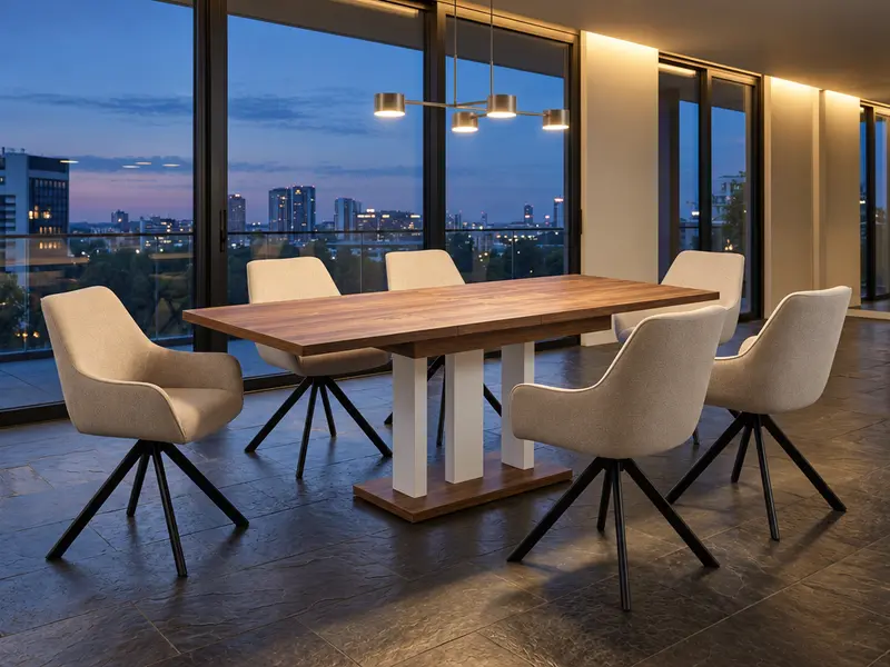 Essgruppe Appia White - Eiche Stirling mit 6 Stühlen in Leinen Beige für 6 Personen