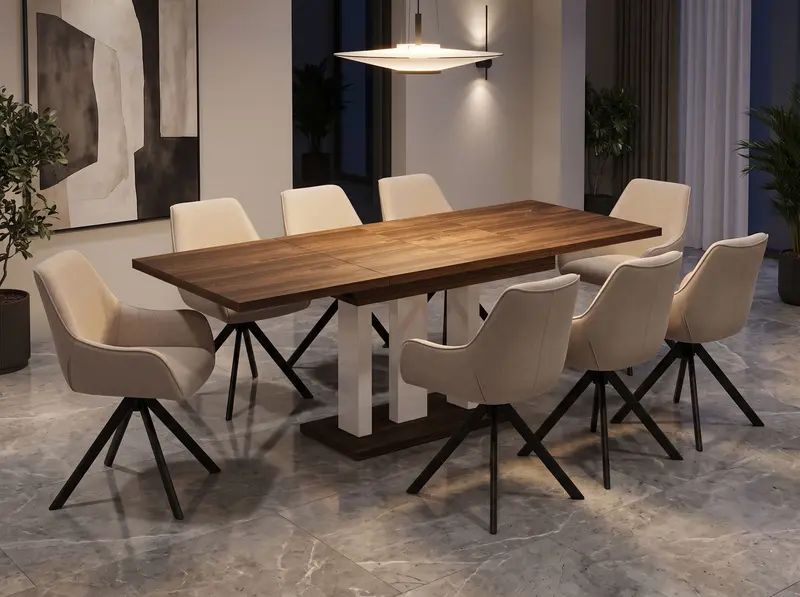 Essgruppe Appia White - Eiche Stirling mit 8 Stühlen in Leinen Beige für 8 Personen