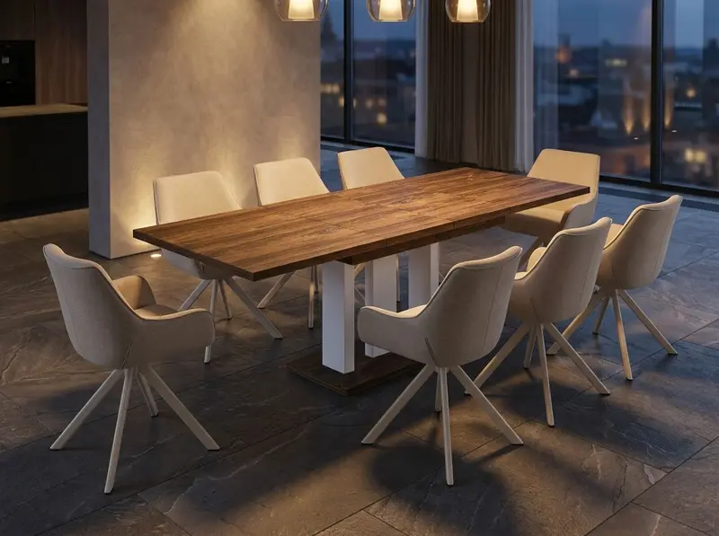 Essgruppe Appia White - Eiche Stirling mit 8 Stühlen in Leinen Beige mit beigem Gestell für 8 Personen