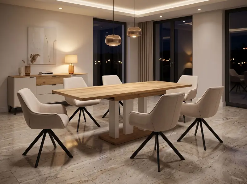 Essgruppe Appia White - Eiche Wotan mit 6 Stühlen in Leinen Beige für 6 Personen