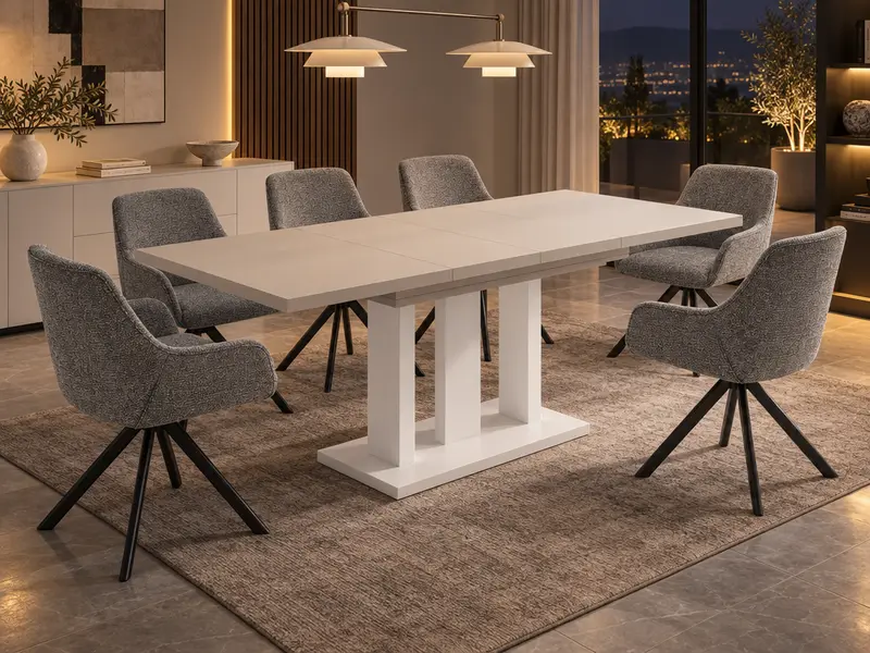 Essgruppe Appia White - Kaschmir-Beige mit 6 Stühlen in Leinen Hellgrau für 6 Personen