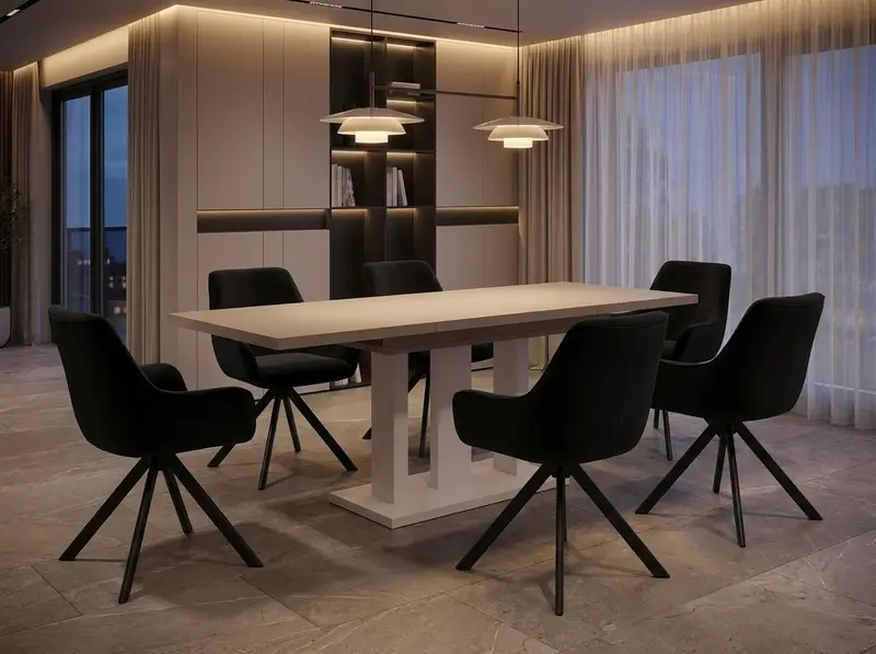 Essgruppe Appia White - Kaschmir-Beige mit 6 Stühlen in Samt Schwarz für 6 Personen