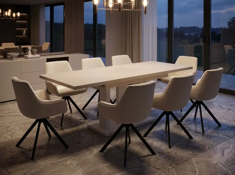 Essgruppe Appia White - Kaschmir-Beige mit 8 Stühlen in Chenille Cremeweiß für 8 Personen