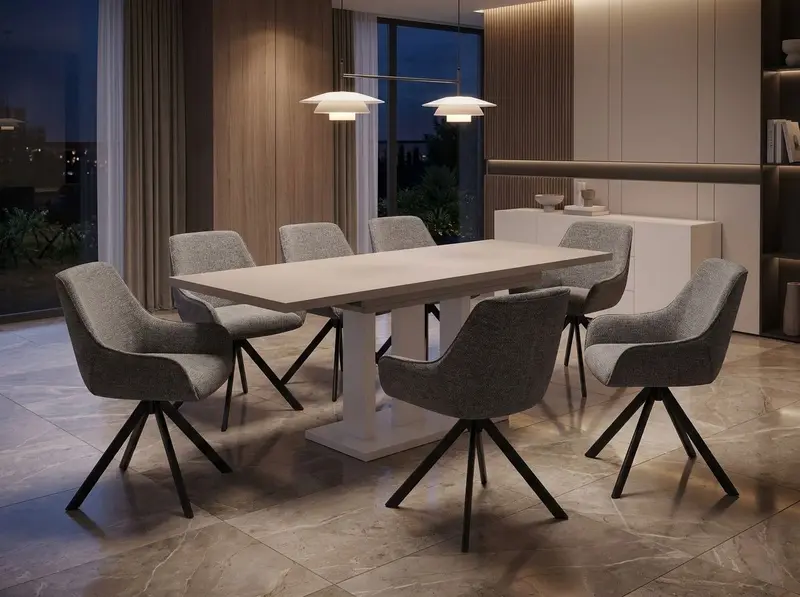Essgruppe Appia White - Kaschmir-Beige mit 8 Stühlen in Leinen Hellgrau für 8 Personen