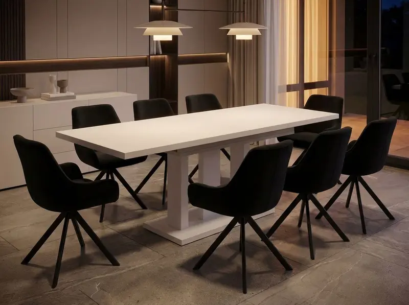 Essgruppe Appia White - Kaschmir-Beige mit 8 Stühlen in Samt Schwarz für 8 Personen