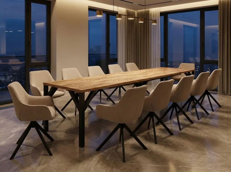 Essgruppe Dunaj - Eiche Craft Gold mit 12 Stühlen in Leinen Beige für 12 Personen
