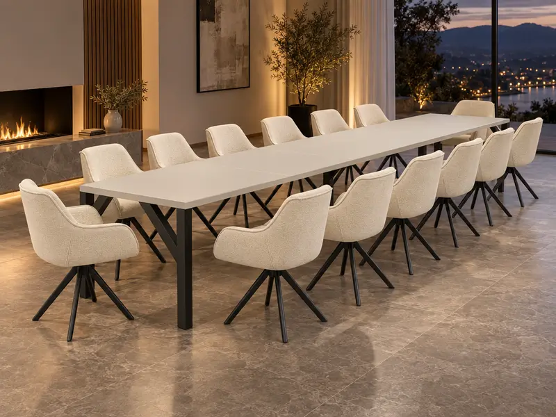Essgruppe Dunaj - Kaschmir-Beige mit 14 Stühlen in Chenille Cremeweiß für 14 Personen