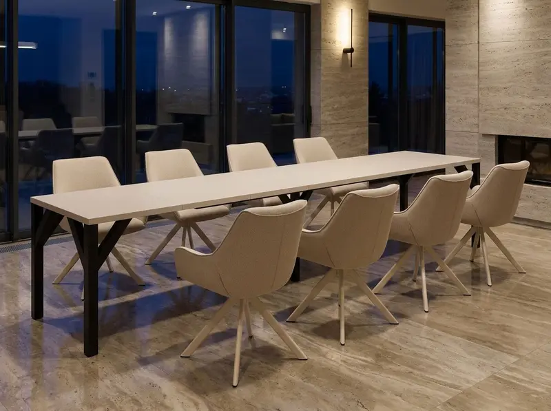 Essgruppe Dunaj - Kaschmir-Beige mit 8 Stühlen in Leinen Beige mit beigem Gestell für 8 Personen