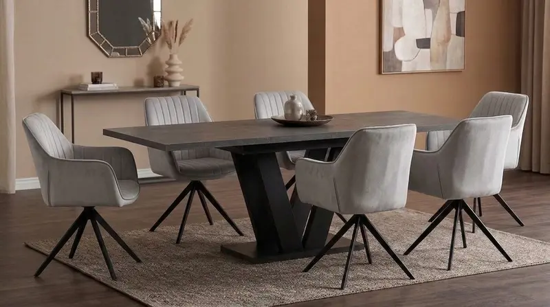 Essgruppe Lara - Beton Dunkel mit 6 Stühlen in Creme-Beige für 6 Personen