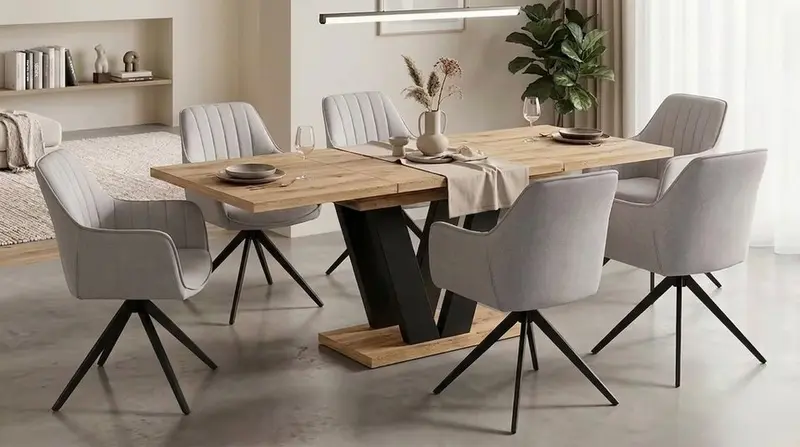 Essgruppe Lara - Eiche Artisan mit 6 Stühlen in Creme-Beige für 6 Personen