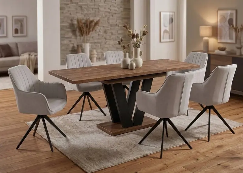 Essgruppe Lara - Eiche Craft Gold mit 6 Stühlen in Creme-Beige für 6 Personen