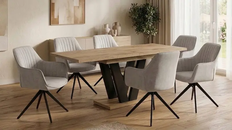 Essgruppe Lara - Eiche Evoke mit 6 Stühlen in Creme-Beige für 6 Personen