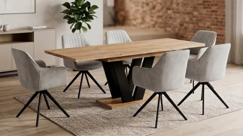 Essgruppe Lara - Eiche Stirling mit 6 Stühlen in Creme-Beige für 6 Personen