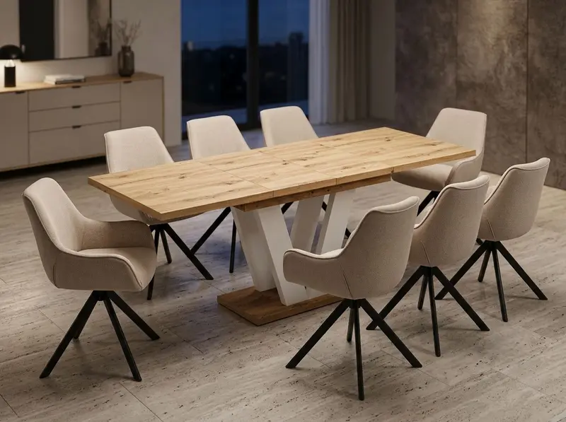 Essgruppe Lara White - Eiche Artisan mit 8 Stühlen in Leinen Beige für 8 Personen