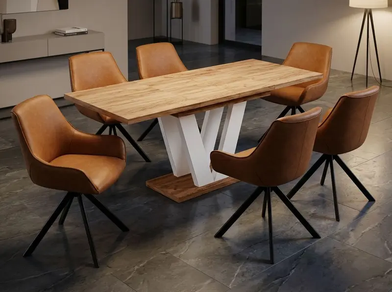 Essgruppe Lara White - Eiche Craft Gold mit 6 Stühlen in Kunstleder Braun für 6 Personen