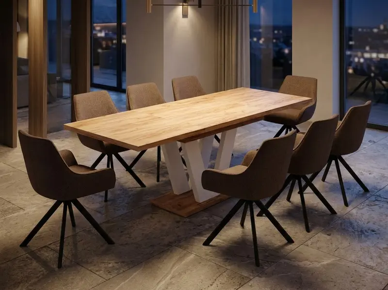 Essgruppe Lara White - Eiche Craft Gold mit 8 Stühlen in Leinen Braun für 8 Personen