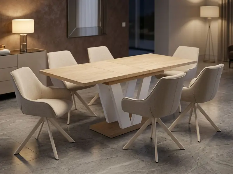 Essgruppe Lara White - Eiche Cremona mit 6 Stühlen in Leinen Beige mit beigem Gestell für 6 Personen