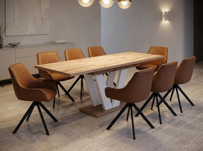 Essgruppe Lara White - Eiche Evoke mit 8 Stühlen in Kunstleder Braun für 8 Personen