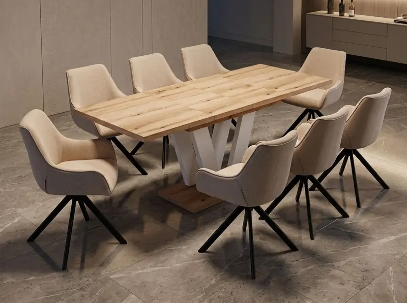 Essgruppe Lara White - Eiche Evoke mit 8 Stühlen in Leinen Beige für 8 Personen