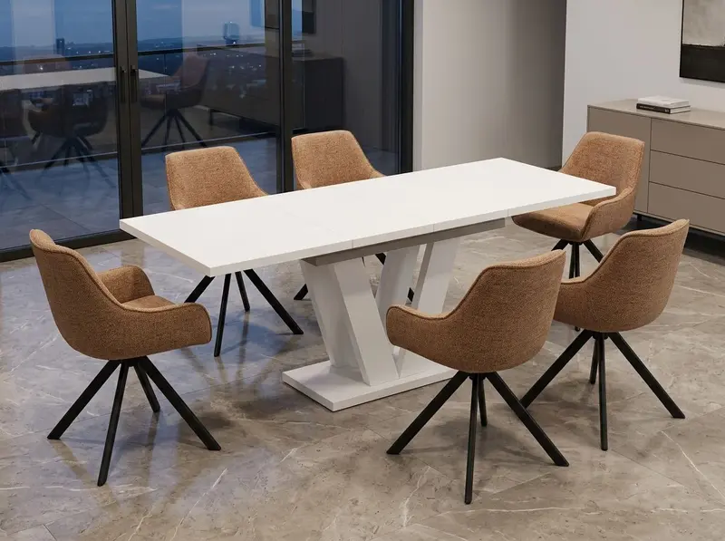 Essgruppe Lara White - Kaschmir-Beige mit 6 Stühlen in Chenille Orange für 6 Personen