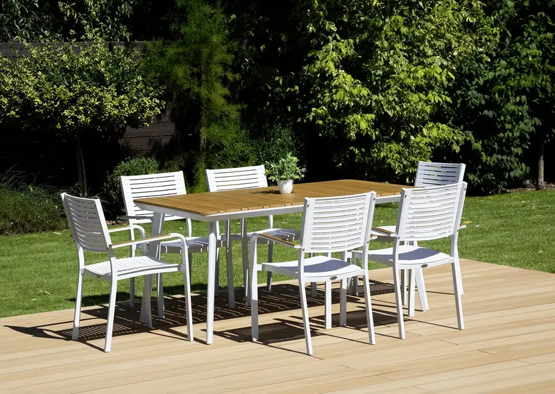 Essgruppe TACOMA 6+1 Weiß / Teak – Aluminium & Polywood