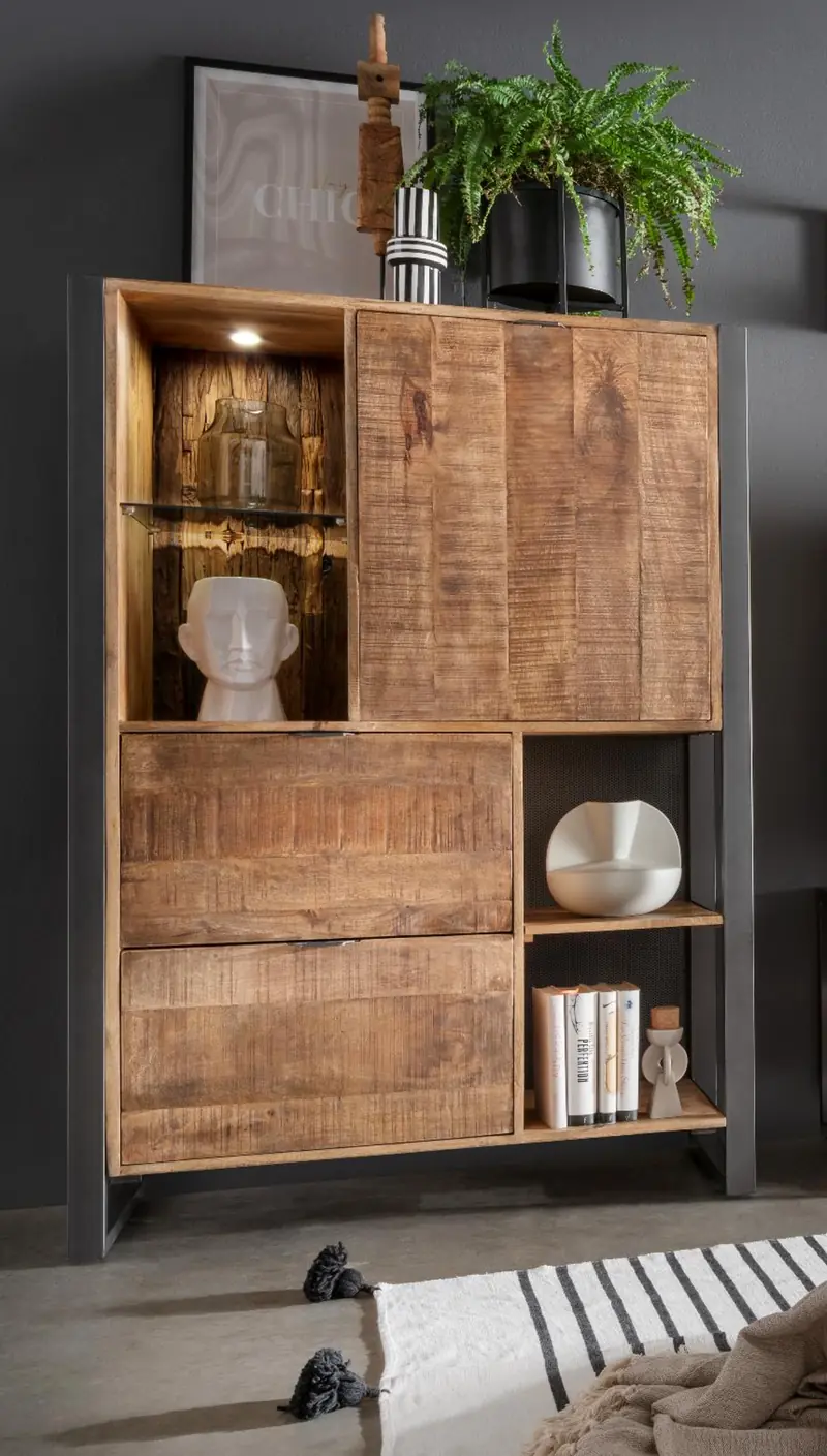 Esszimmer Highboard Cayro Mangoholz massiv multifarbig inkl. Beleuchtung B/H/T 104 x 150 x 42 cm