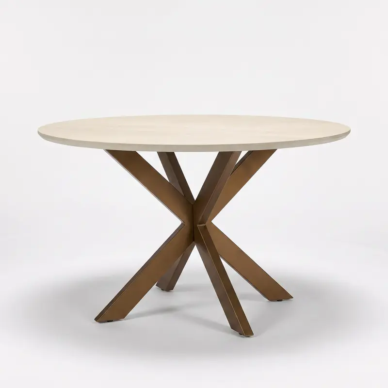 Esszimmertisch - Runde Form, Sandfarbenes Mangoholz, Bronzefarbenes Metallgestell, 130 cm – Madison | Starfurn