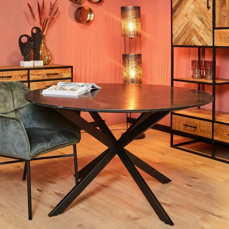 Esszimmertisch – Schwarzer Marmor, Rundes Design, Metallgestell 130cm – Lynn | Starfurn