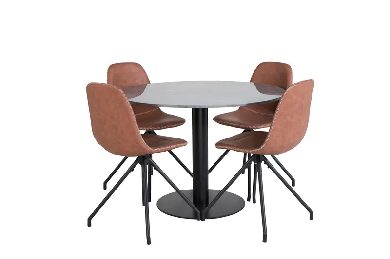 Estelle Essgruppe rund mit dunklem Marmortisch Ø 106 cm und 4 cognacfarbenen Polar Stühlen
