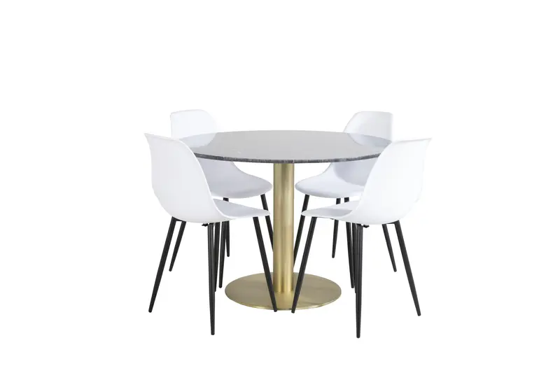 Estelle Essgruppe rund mit dunklem Marmortisch Ø 106 cm und 4 weißen Polar Stühlen