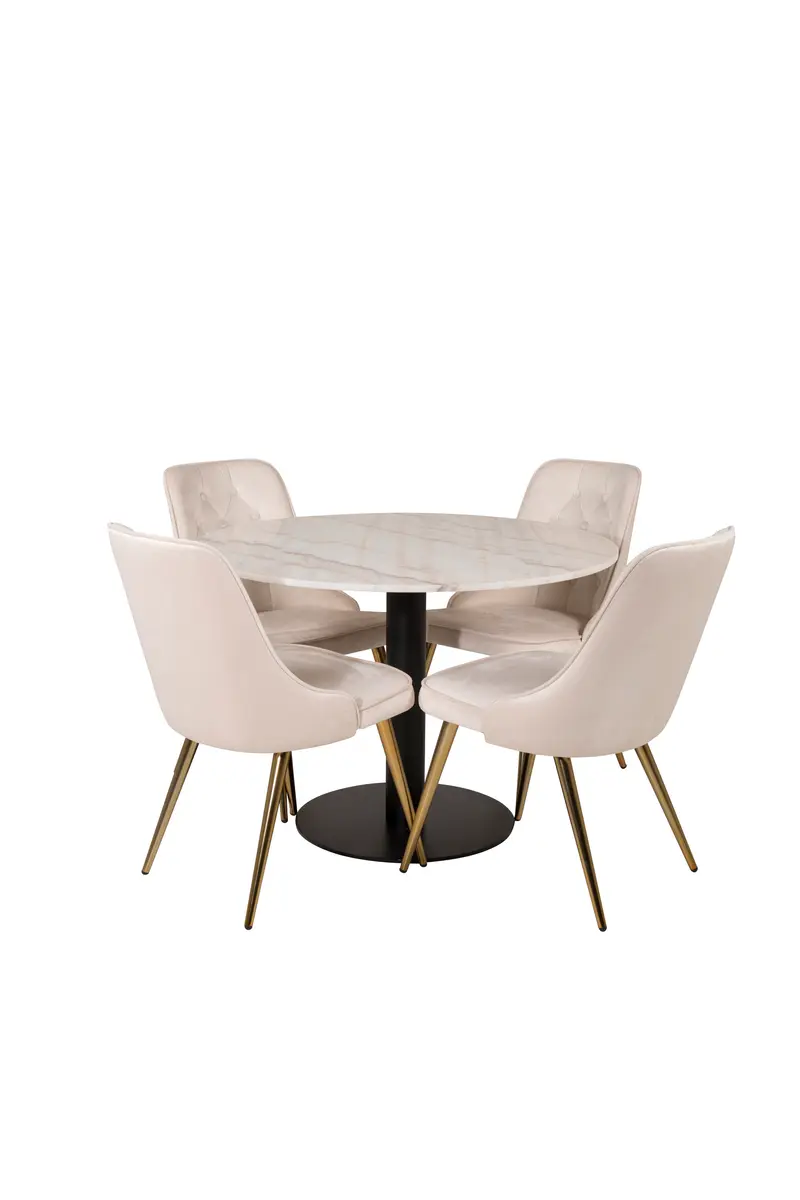 Estelle Essgruppe rund mit Marmortisch Ø 106 cm und 4 cremefarbenen Velvet Stühlen mit goldfarbenen Beinen