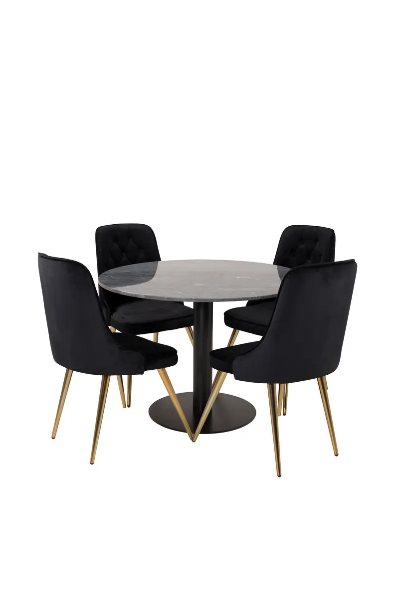 Estelle Essgruppe rund mit Marmortisch Ø 106 cm und 4 Velvet Stühlen schwarz