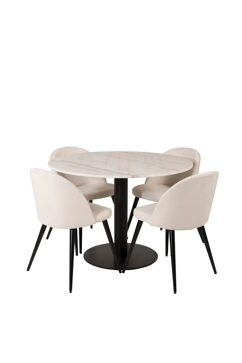 Estelle Essgruppe rund mit Tisch in heller Marmoroptik Ø 106 cm und 4 cremefarbenen Esszimmersesseln