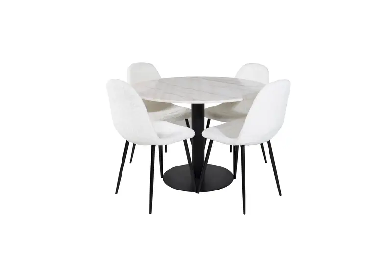 Estelle Essgruppe rund mit Tisch in heller Marmoroptik Ø 106 cm und 4 weißen Teddy Stühlen