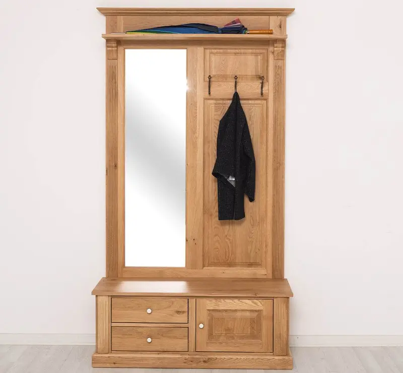 Garderobe aus massiver Eiche mit Spiegel und Staufächern