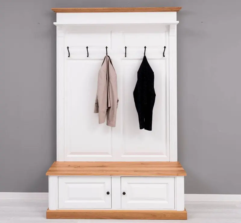 Garderobe aus Massivholz mit 6 Haken und 2 Staufächern - Eichenbank