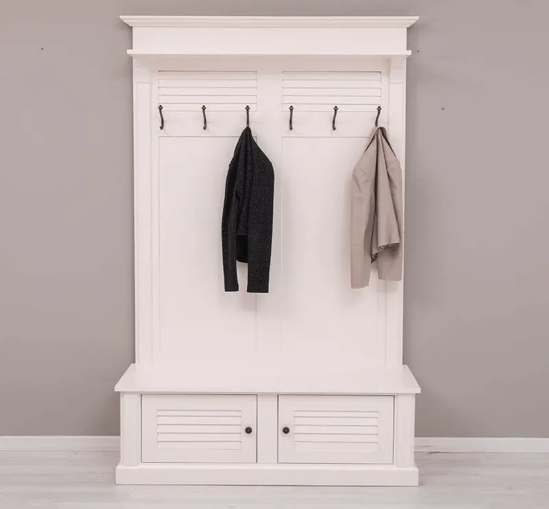 Garderobe aus Massivholz mit Sitzfläche | 6 Haken, Schuhschrank, Lamellentüren