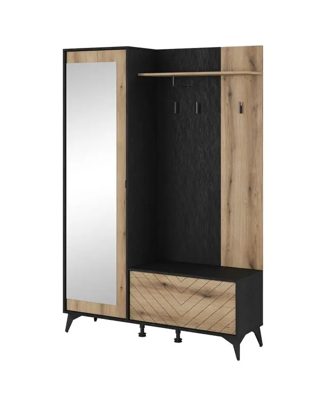 Garderobe – DIAMOND – G134 Eiche Evoke / Schwarz, modernes Flurmöbel mit Spiegel & Sitzbank