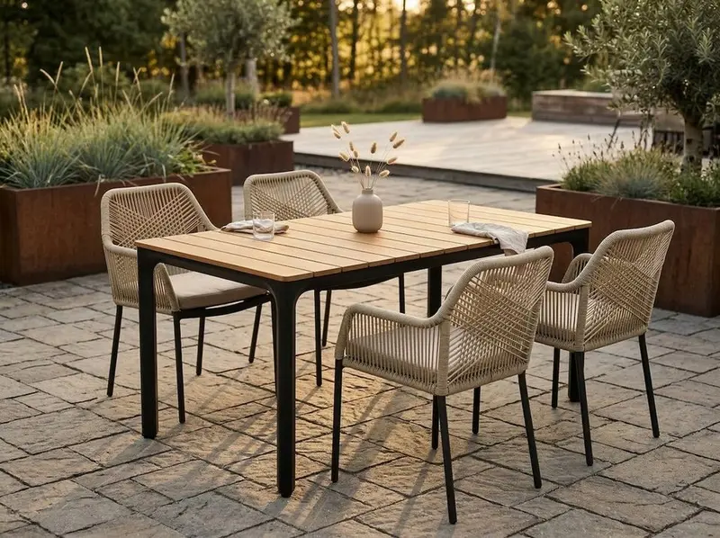 Garten-Essgruppe "Arrezo Eckig" - 130x70 cm Tisch + 4 Geflecht-Stühle Beige