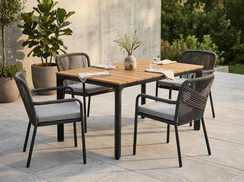 Garten-Essgruppe "Arrezo Eckig" - 130x70 cm Tisch + 4 Geflecht-Stühle Grau