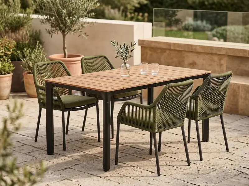 Garten-Essgruppe "Arrezo Eckig" - 130x70 cm Tisch + 4 Geflecht-Stühle Grün