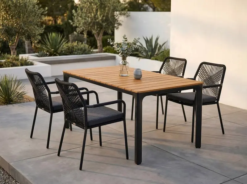 Garten-Essgruppe "Arrezo Eckig" - 130x70 cm Tisch + 4 Geflecht-Stühle Schwarz