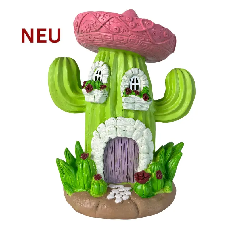 Gartenfigur "Wichtelhaus Kaktus" mit Solar-LED, 21 cm