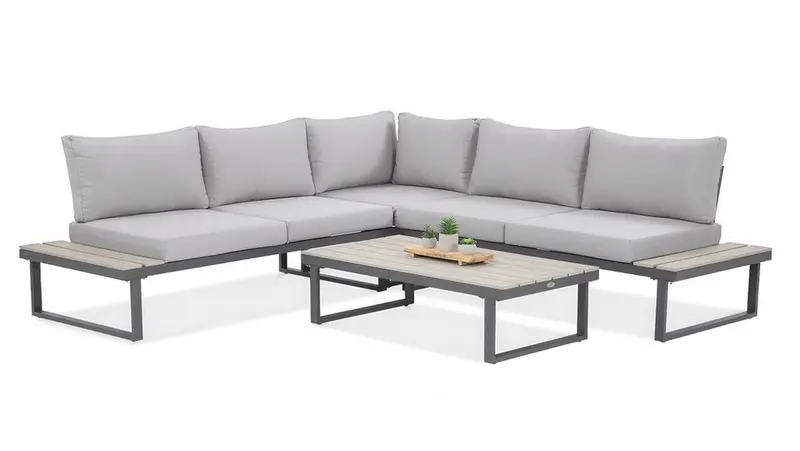 Gartenlounge-Set "Emerson" Ecksofa-Set aus Stahl & Polywood - Hellgrau