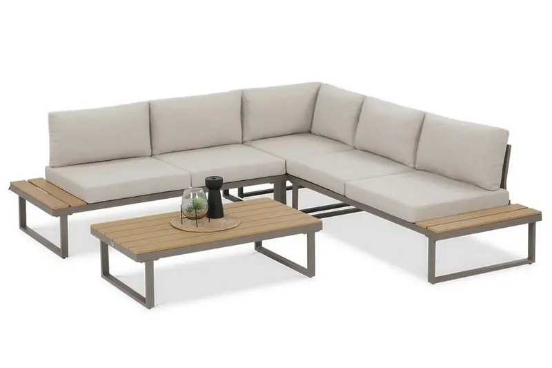 Gartenlounge-Set "Emerson" Ecksofa-Set aus Stahl & Polywood - Natur