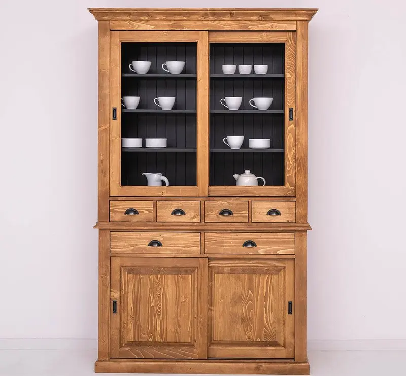 Geschirrschrank mit 4 Schiebetüren und 6 Schubladen | Vitrine aus Massivholz