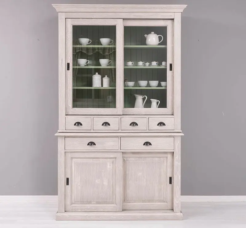 Geschirrschrank mit 4 Schiebetüren und 6 Schubladen | Vitrine aus Massivholz